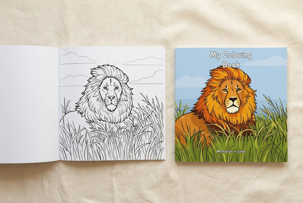 Two square custom coloring books photographed from above: one open showing a black-and-white lion coloring page, one closed showing the full-color lion cover