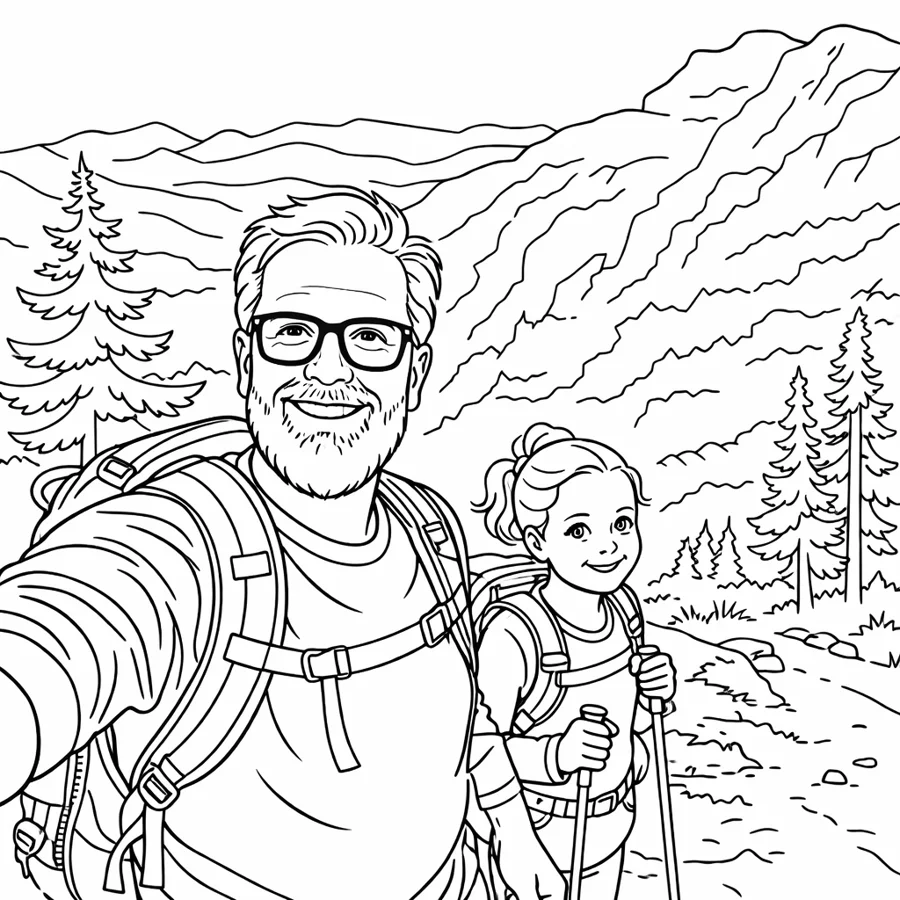 Coloring book page of a father and daughter hiking on a mountain trail